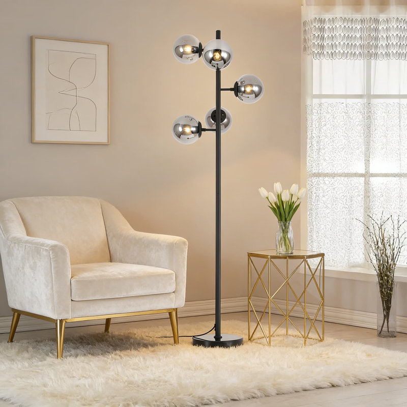 Lampe sur pied moderne avec globes en verre fumé, conception multi-têtes pour le salon, la chambre à coucher ou le bureau, hauteur réglable et intensité variable