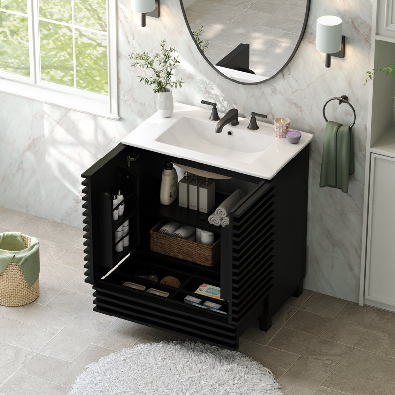Meuble-lavabo moderne Paloma de 30 po à cannelures, avec lavabo en céramique, 2 portes à fermeture douce et séparateur de tiroir amovible pour salles de bains de style spa et détente.