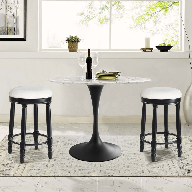26" Counter Height 360° Swivel Wooden Upholstered Bar Stools For Kitchen, Dining, And Living Room(Set Of 2), White, Black