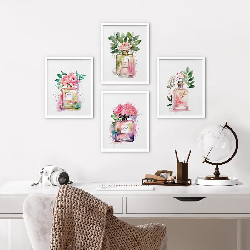 Flacons de parfum français - ensemble de 4 reproductions de cadres photo, H 16 po x l 12 po, Blanc