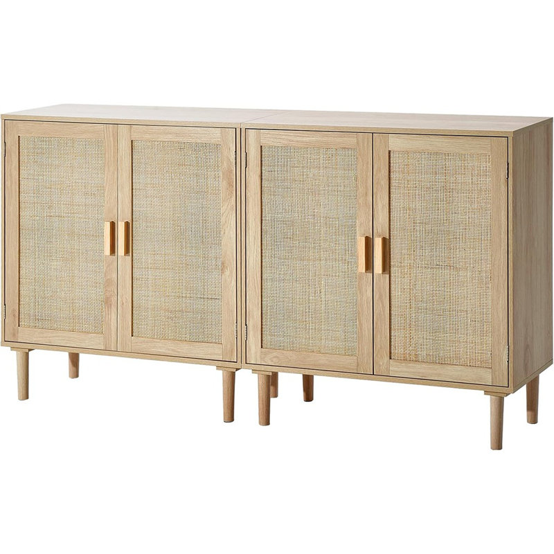 Rattan Buffet Cabinet, 4-Door Sideboard With Adjustable Shelves, Natural