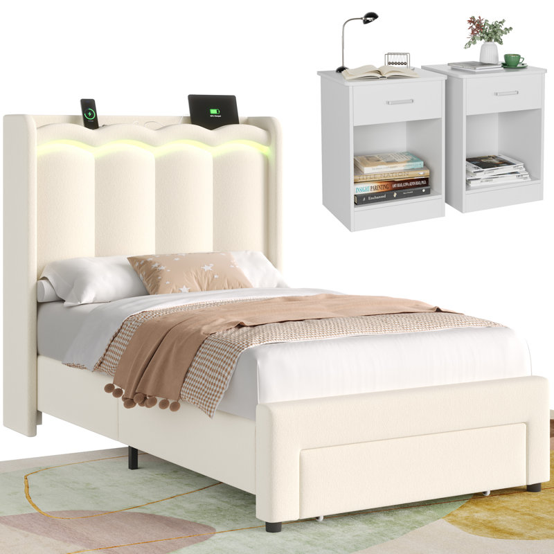 3 Piece Kids Bedroom Set, Twin Size Upholstered Storage Kids Bed With 1 Drawer & Led Lights, 2 Nightstands With 1-drawer