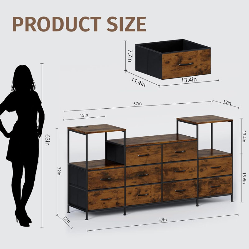 Dresser For Bedroom TV Stand With Power Outlets And LED Light, 6 Drawers Wide Dresser With Shelves For 45" TV, Fabric Chest Of Drawers With PU Finish, Black