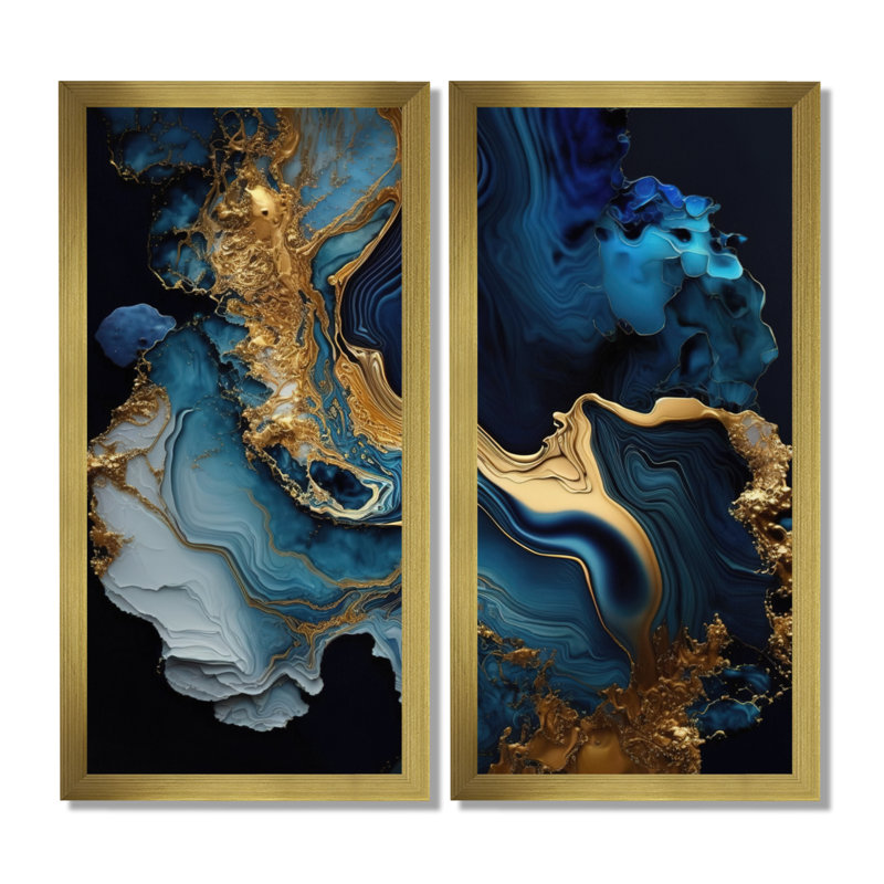 «Abstract Geode Marble Blue», art mural abstrait sur toile bleue abstraite, 2 pièces, H 40 po x l 40 po, Doré