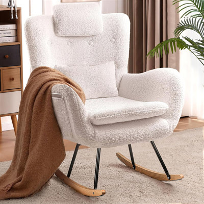 Kahmar Teddy Fabric Nursery Rocking Chair with Side Pocket, High Backrest Indoor Accent Chair -  George Oliver, 3EF58FA6CBA942ECBAB8B6E754A3E0D5