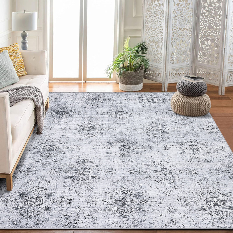 Tapis à motif floral bohème Boho, Gris, Rectangle 5 pi x 7 pi