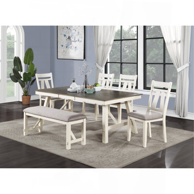 Mobilier de salle à manger 6 pièces ensemble de salle à manger avec rallonge et 4 chaises d'appoint 1 banc avec coussin en tissu gris et plateau en bois blanc