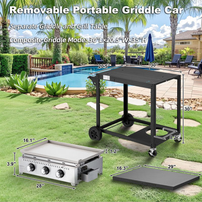 3 Burner 30000 BTU Outdoor Gas Griddle With Lid And Side Shelf, Portable Flat Top Griddle 28 Inch Heavy-Duty Cast Iron Grill With Bottle Rack & Grease Pan For Camping, Picnic, Patio, Black