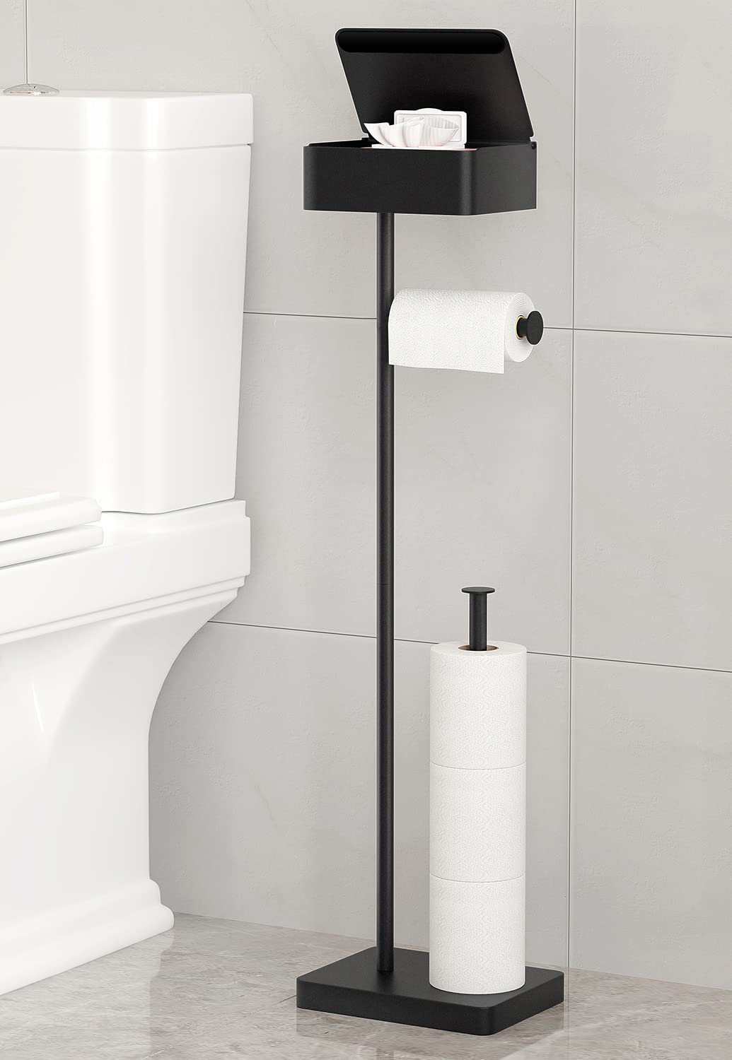 Acehoom Freestanding Toilet Paper Holder with Brush in Matte Black