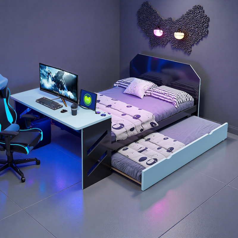 Modern Daybed With Desk, Usb Ports And Trundle, Black/Cloud Blue