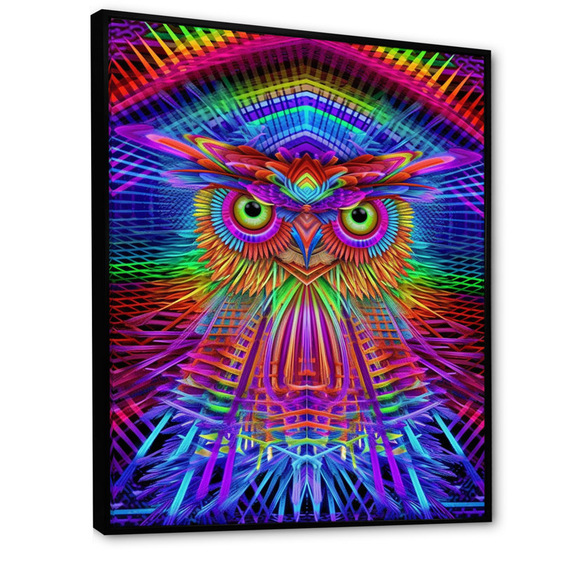 Portrait d'un hibou psychédélique sur toile, H 44 po x l 34 po x P 1,5 po, Cadre flottant noir