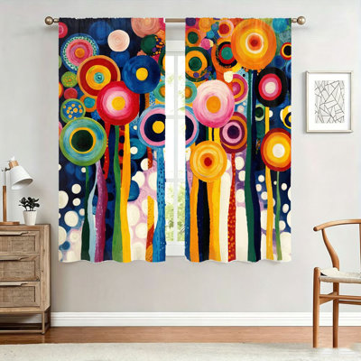 2Pcs Abstract Art Curtains, Vibrant Circles and Stripes Pattern, Light Filtering Fabric, Decorative Window Panels for Living Room, Bedroom, Balcony, Kitchen Home Decor