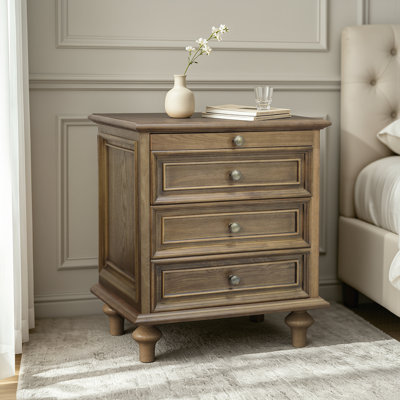 Farmhouse 3-Drawer Nightstand, Storage End Table with Hidden Pull-Out Shelf and Metal Handle