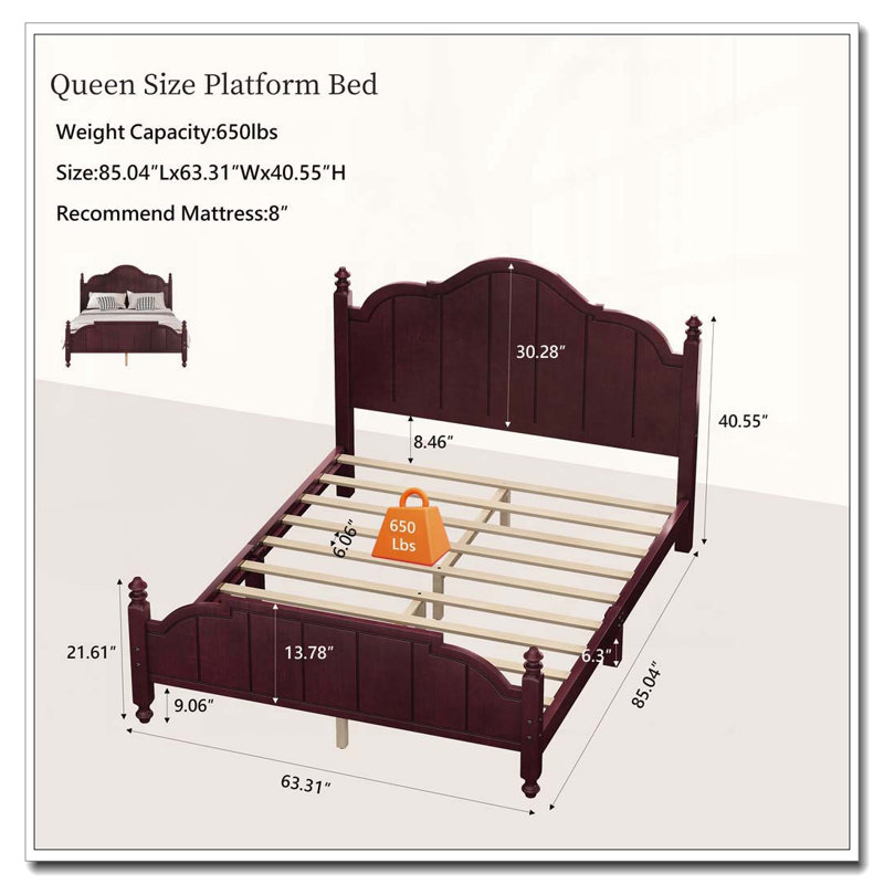 Grand lit plateforme en bois rétro avec tête de lit et lattes, sans sommier, Queen, Espresso