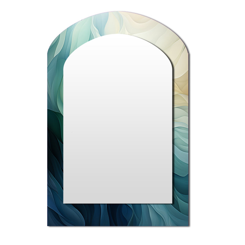 Gree and White Sway Wave Serenity IV - Miroir décoratif en arc abstrait sur métal, 43 po x 33 po