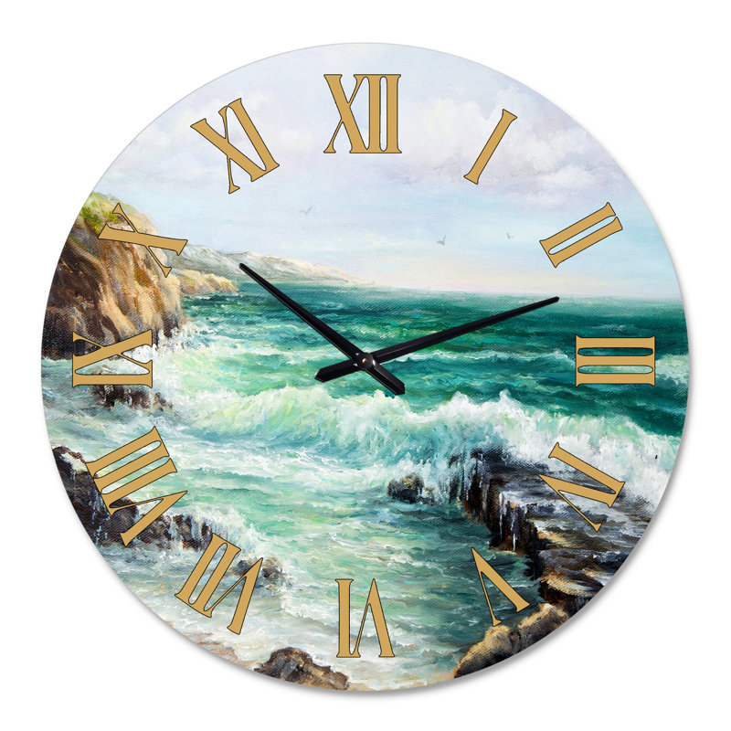 Cliff donnant sur les vagues sauvages de l'océan - horloge murale nautique et côtière, Grand