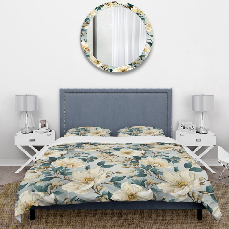 Literie Sandy Beige et bleu Hydrangea Tranquility VII, Housse de couette pour très grand lit et 2 très