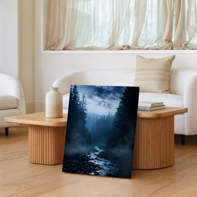 Canvas A Mystical Forest Scene At Twilight Featuring Tall Dark Evergreen Wall Art Trees Shrouded In Mist A Winding Rocky Stream Flows Canvas Wall Art