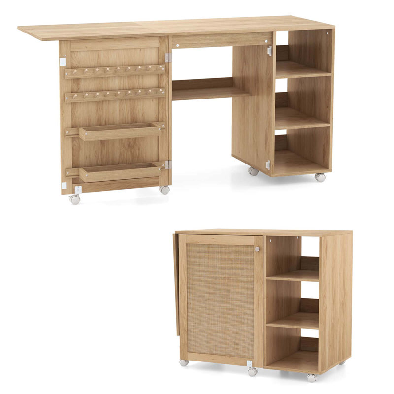 Table de machine à coudre en rotin avec porte en rotin et 18 tablettes de rangement