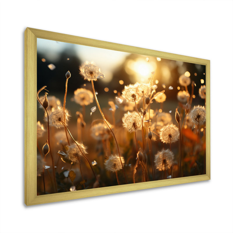 Coucher de soleil pissenlit champ V - décoration murale florale, Encadrement doré, H 34 po x l 44 po x P 1,5 po