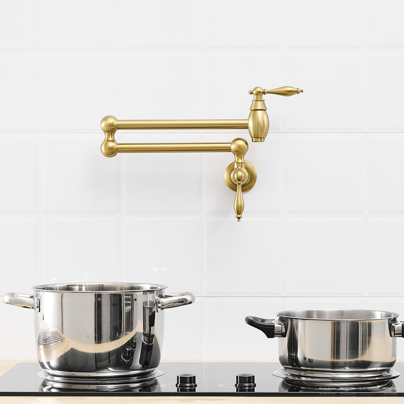 Abubacarr Commercial Wall Mount Stove Faucets Pot Filler In Brushed Gold, Brass Kitchen Faucet With 360 Rotation, One Hole Inlet Gold Faucet, Double Joint Swing Arms, Material, Dual Handles, Safe Leak Design