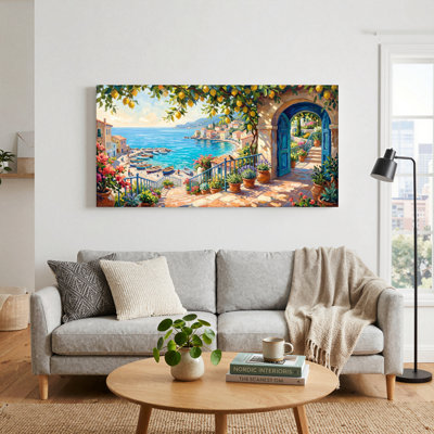 Ensemble de 1 tableau sur toile représentant un village côtier