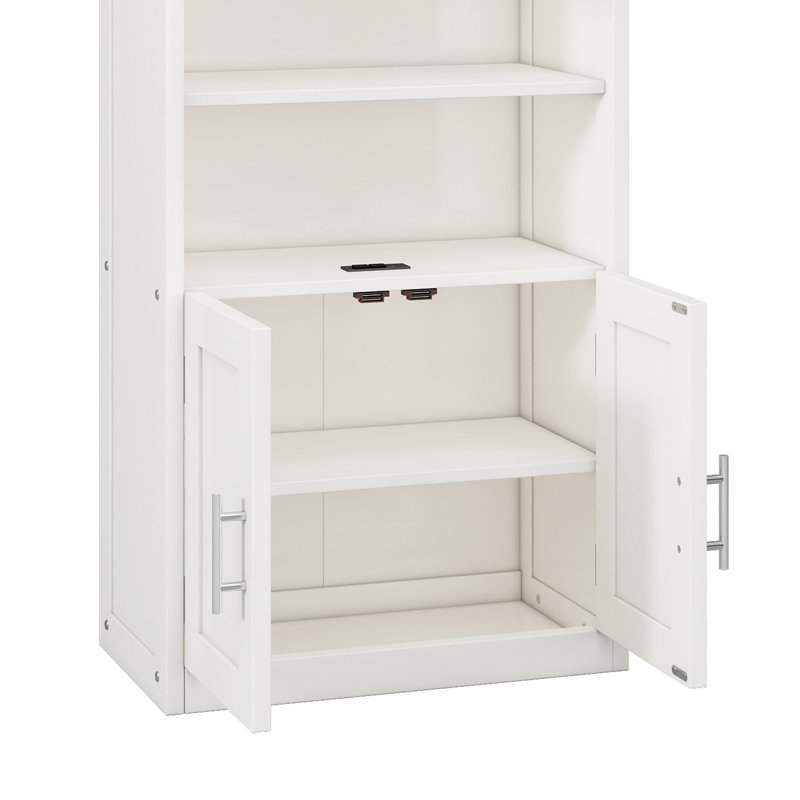 2 Doors Bookshelf With USB Port 3 Adjustable And 3 Fixed Shelves Bookcase Side Cabinet Storage Shelves In White