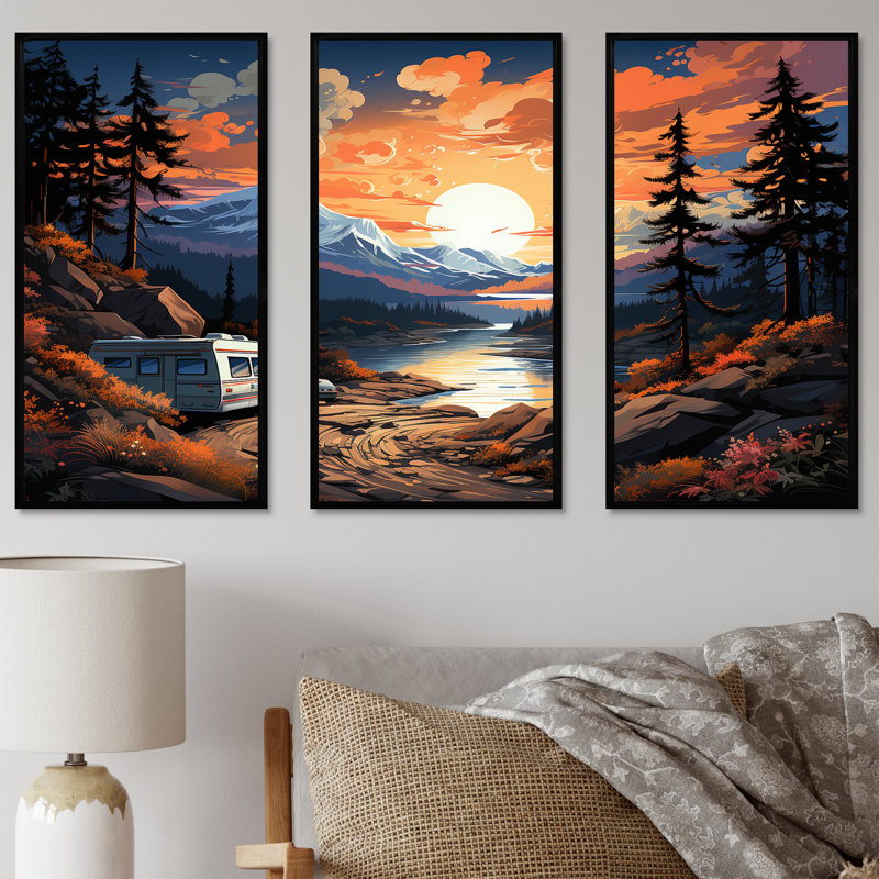 «Camping Van Charm At Sunset», ensemble d'art mural sur toile, Cadre flottant noir, H 32 po x l 48 po x P 1 po