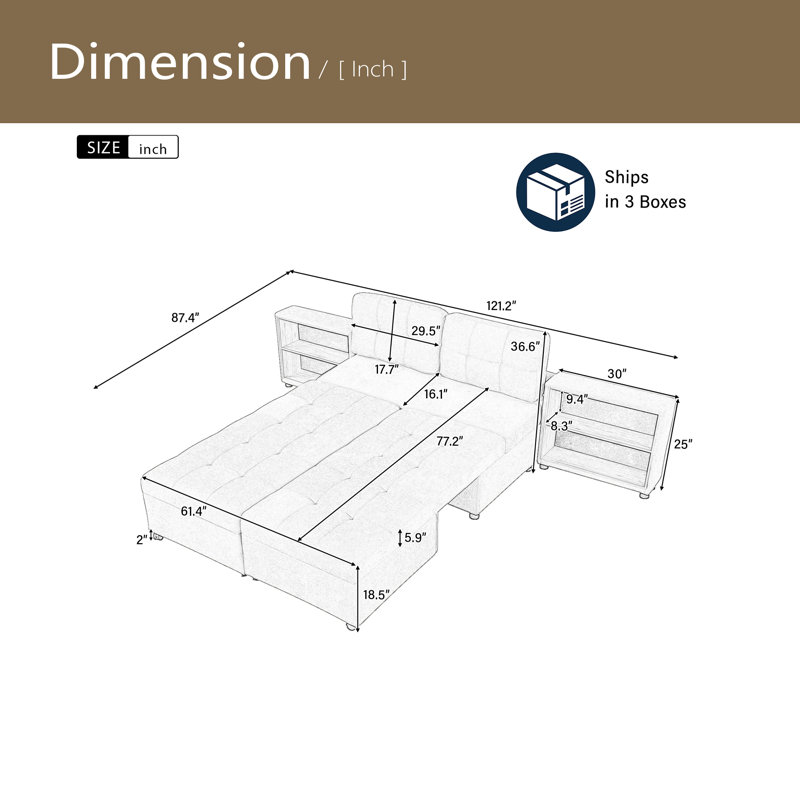 Canapé-lit modulaire 121,2 po avec deux tablettes de rangement, Chenille brun
