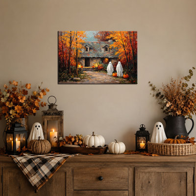 Automne, art mural d'Halloween, images fantômes, peinture murale, images d'Halloween, peinture sur toile d'Halloween, art mural citrouilles fantômes, couleurs chaudes de l'automne, chalet rustique, style douillet pour le salon 12 po x 16 po