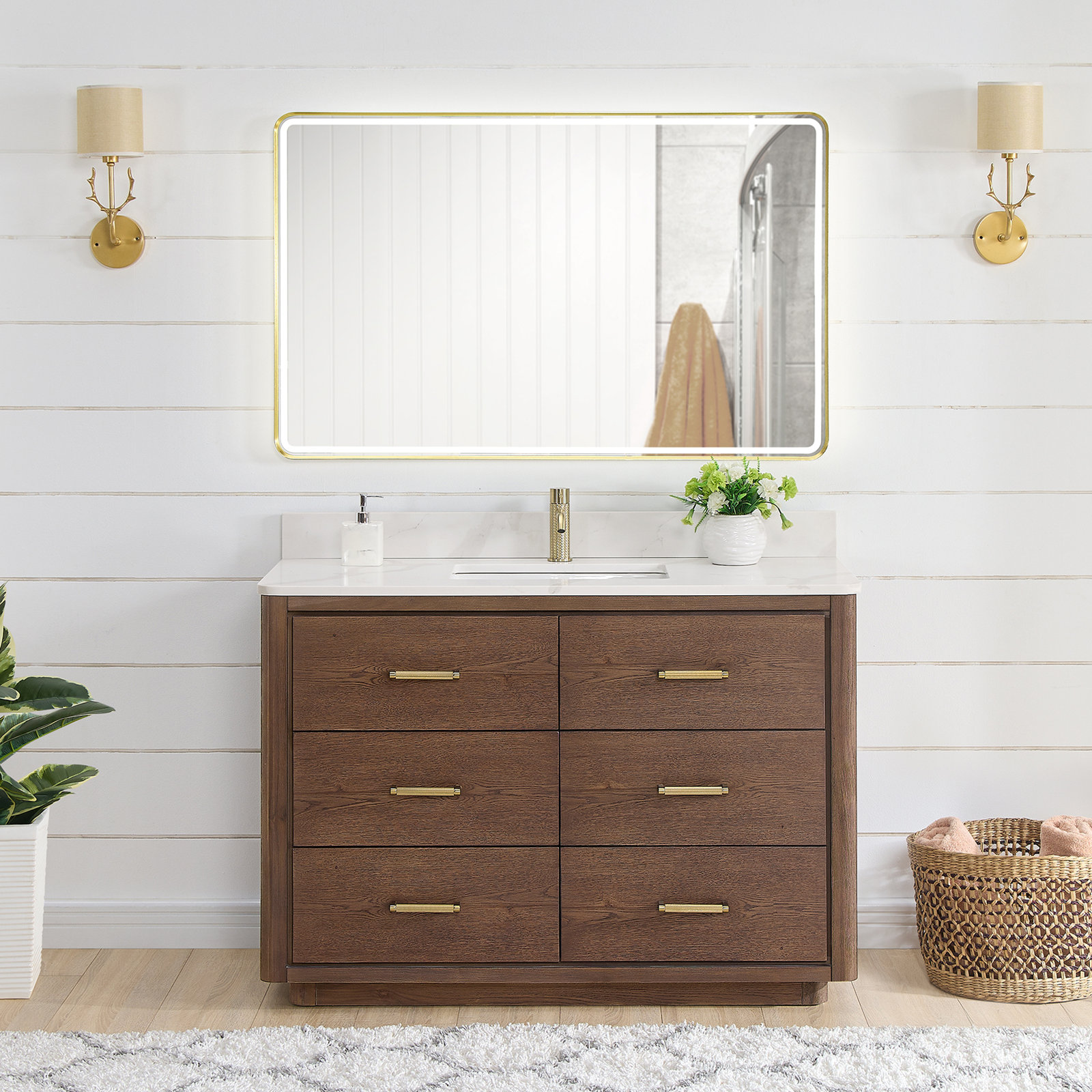 Porto 48'' Single Bathroom Vanity, Dark Brown, Gold 