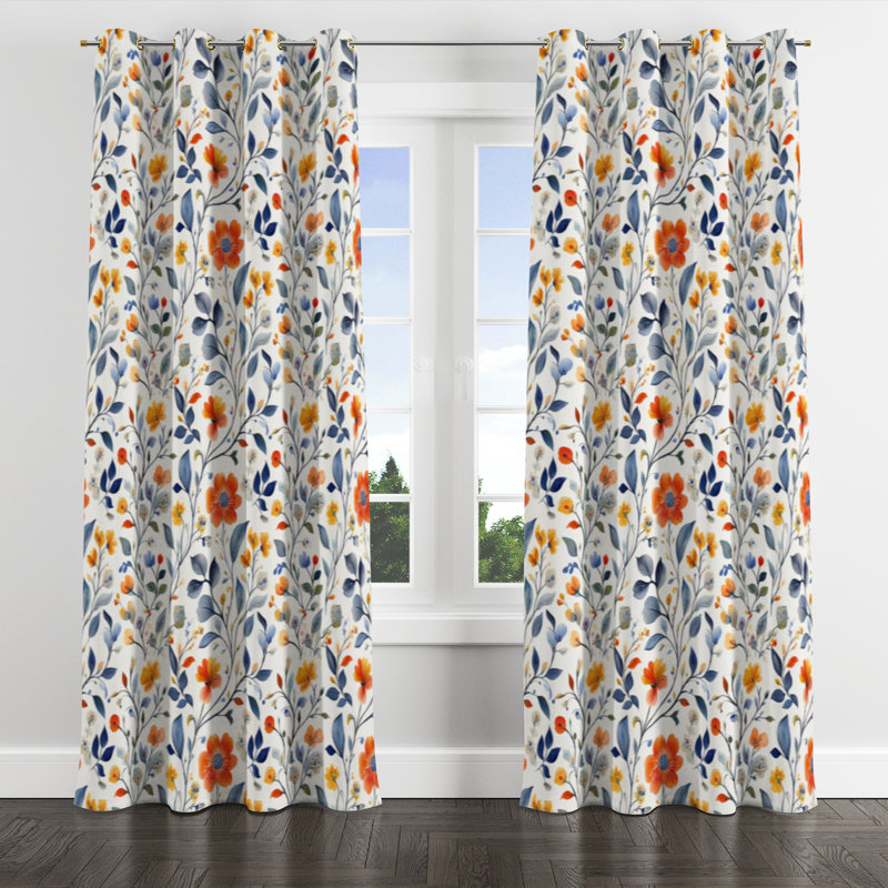 Boho Blackout Curtains - Blue Colorful Summer Paisley Gardens Grommet Curtain - 1 Panel, Gold Grommets, 52" W x 84" L