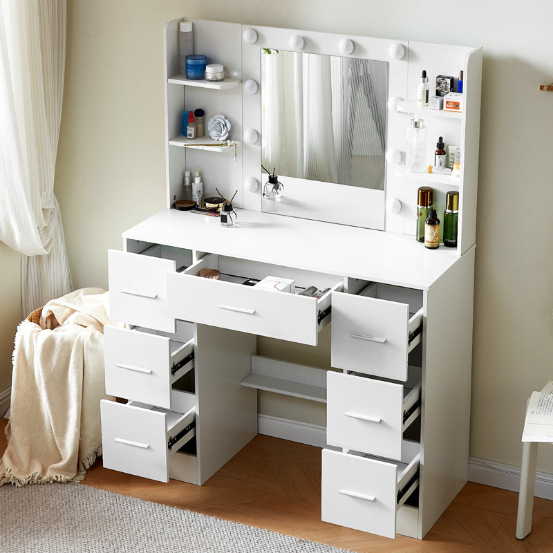 Ensemble de coiffeuse avec miroir lumineux à DEL, 3 modes d'éclairage, table de maquillage avec 7 tiroirs pour femmes