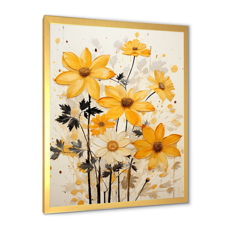 Minimalisme, fleurs orange sur toile, Encadrement doré, H 32 po x l 24 po x P 1 po