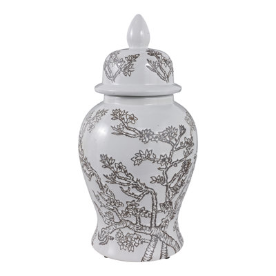 Ellport Decorative Cherry Blossom Temple Jar With Lid - Ceramic Tall Home Decor For Table Styling - Elegant Jar Or Vase For Entryway Accent - White & Brown