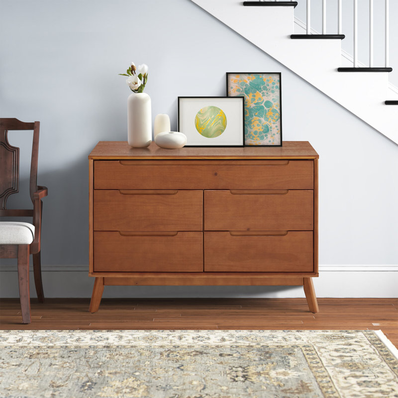 Mid-Century Brown Solid Wood 5-Drawer Dresser