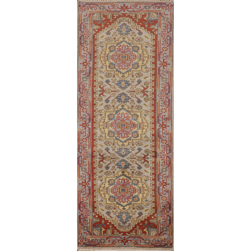 Tapis de couloir indien géométrique Kazak gris 3 x 8