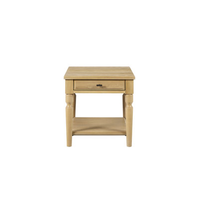 Table d'appoint Cashew avec placage et finition colorée, un tiroir, intérieur fini, pieds tournés classiques pour un style intemporel, tablette inférieure ouverte, espace de rangement supplémentaire, bois massif beige, 61 cm (24 po)