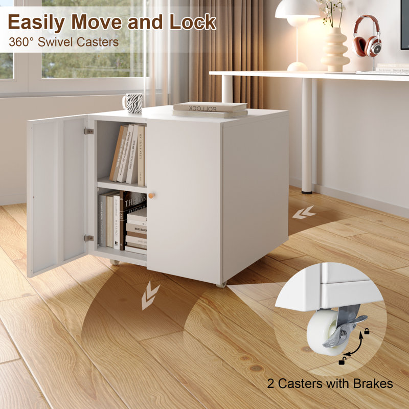 White Metal Mobile Printer Stand with Storage Cabinet