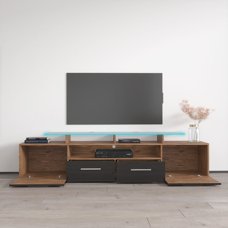 Casares 76.3" Modern TV Stand with LED Lighting, High Gloss Finish, Media Storage, Walnut/Black