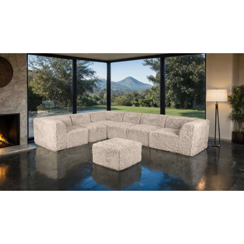 Grand canapé modulaire en L avec repose-pieds Collis, Fausse fourrure taupe