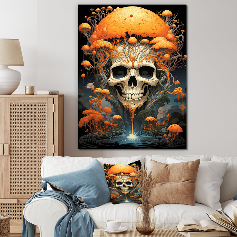 Tête de mort souriante, champignons orange, Halloween I - impression, Toile tendue, H 40 po x l 30 po x P 1,5 po