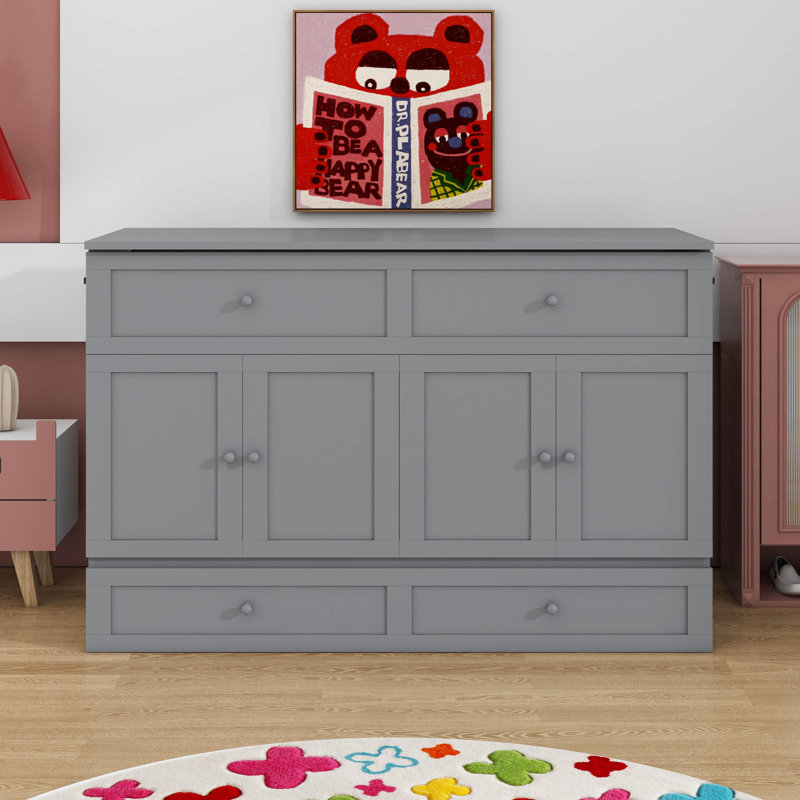 Murphy Bed With Large Drawers, Gray, Queen