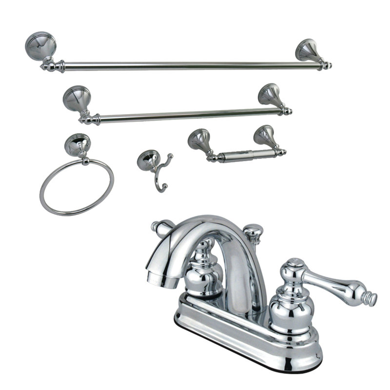 Kingston Brass Two-Handle 3-Hole Deck Mount 4" Centerset Bathroom Faucet with 5-Piece Bathroom Accessories, Polished Chrome