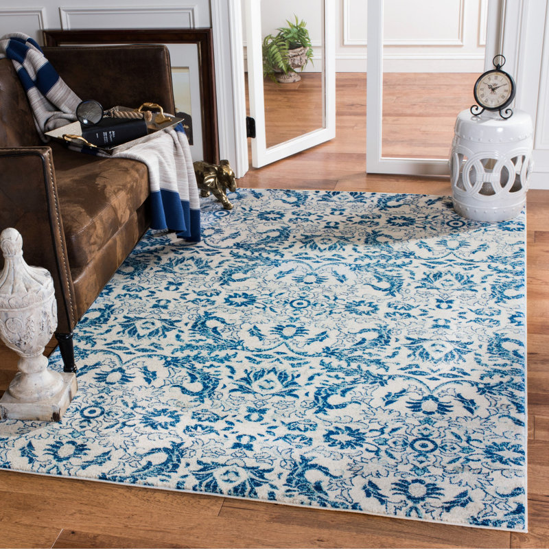 Tapis à motif floral ivoire / bleu Alessia, Rectangle 4 pi x 6 pi