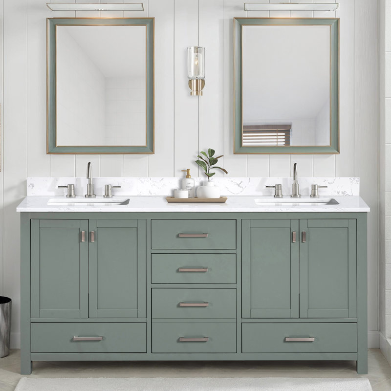 Souther 72" Double Bathroom Vanity with Top, Brushed Nickel, Smoke Green