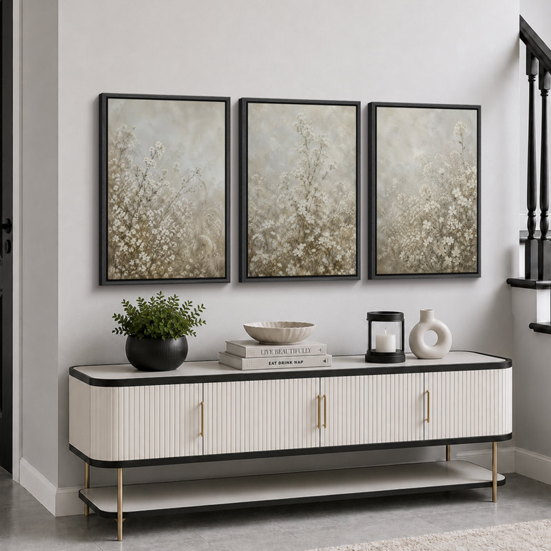 Paysage hivernal de fleurs sauvages aux tons neutres, tableau pour salon, impression giclée sur toile encadrée en 3 parties - 3 pièces de 40,6 x 61 cm et 3 pièces de 61 x 91,4 cm