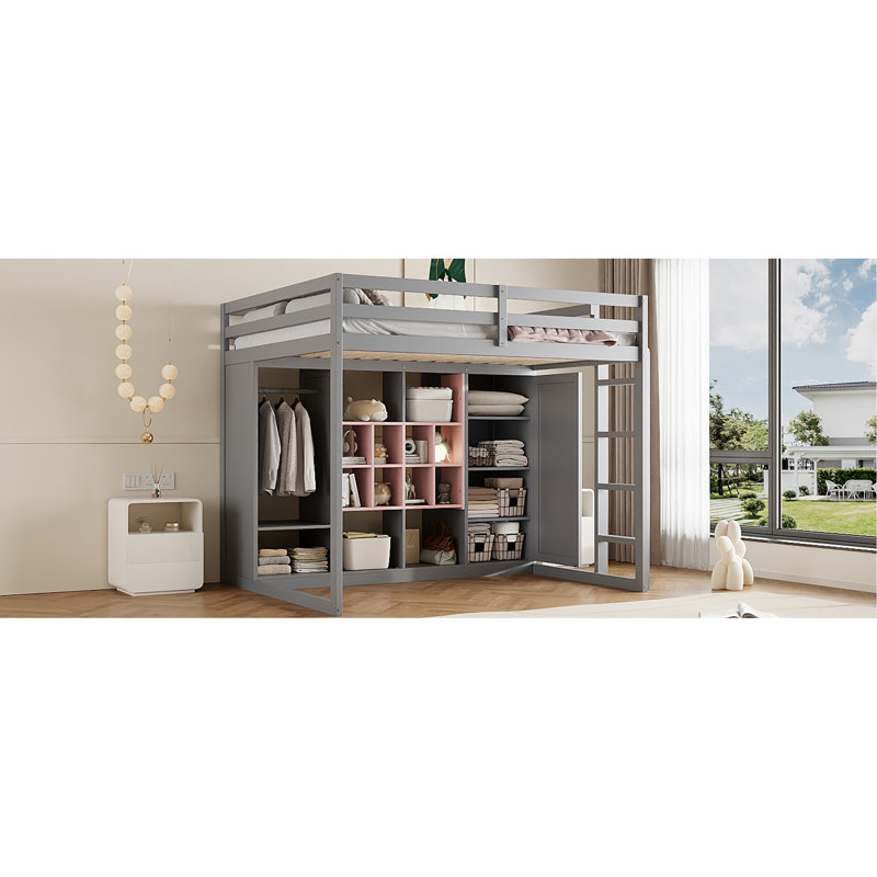 Lit mezzanine en bois avec garde-robe, tablettes et armoire, Rose / Gris, Lit double