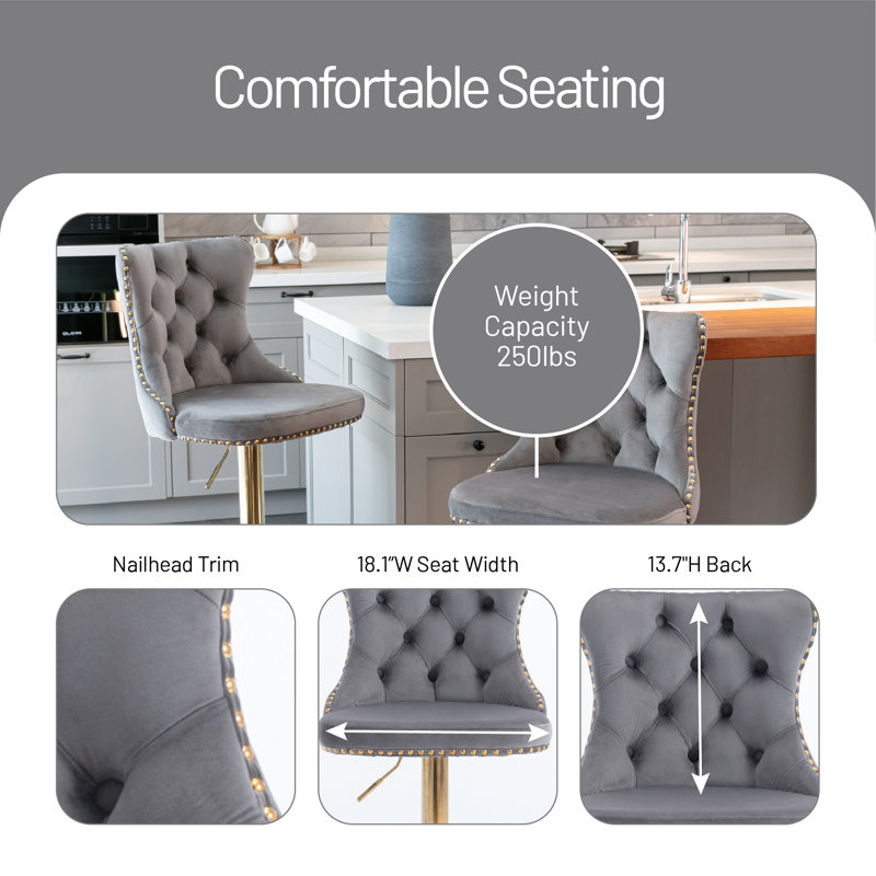 Swivel Upholstered Adjustable Height Counter Stool with Metal Frame, Gold, Gray
