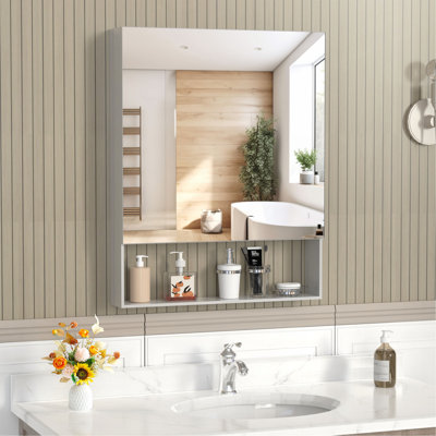 Armoire à pharmacie avec miroir pour salle de bain, miroir de salle de bain mural avec rangement, tablettes réglables, cadre en aluminium, fixation en surface